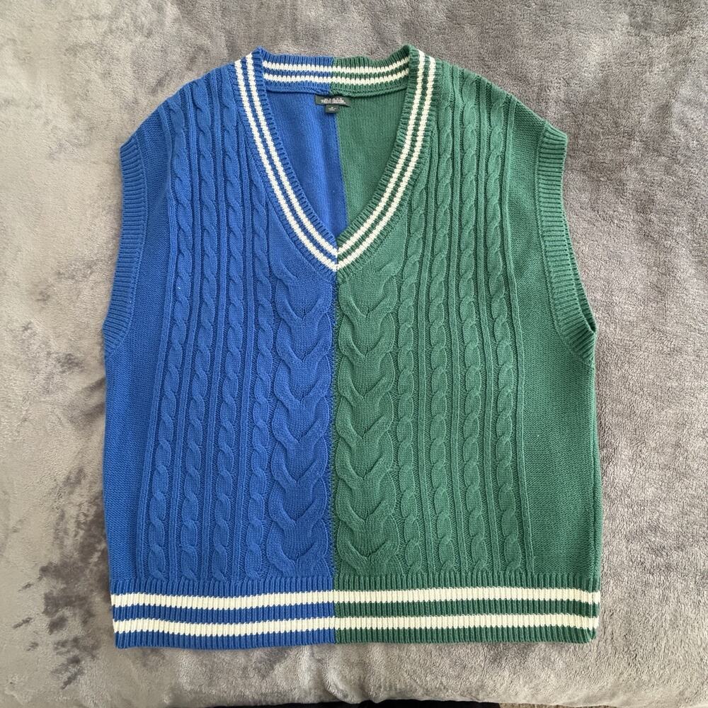 Wild Fable Colorblock Cable-Knit Sweater Vest V-Neck Blue Green White M Women